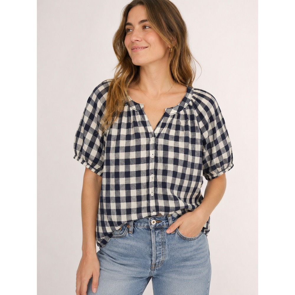 BeachLunchLounge Navy Gingham Puff Sleeve Cotton Blouse XL Navy White Picnic